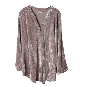 CATO Tunic Top Plus Size 22W 24W Blouse Pink Velvet 3/4 Sleeves Button Up